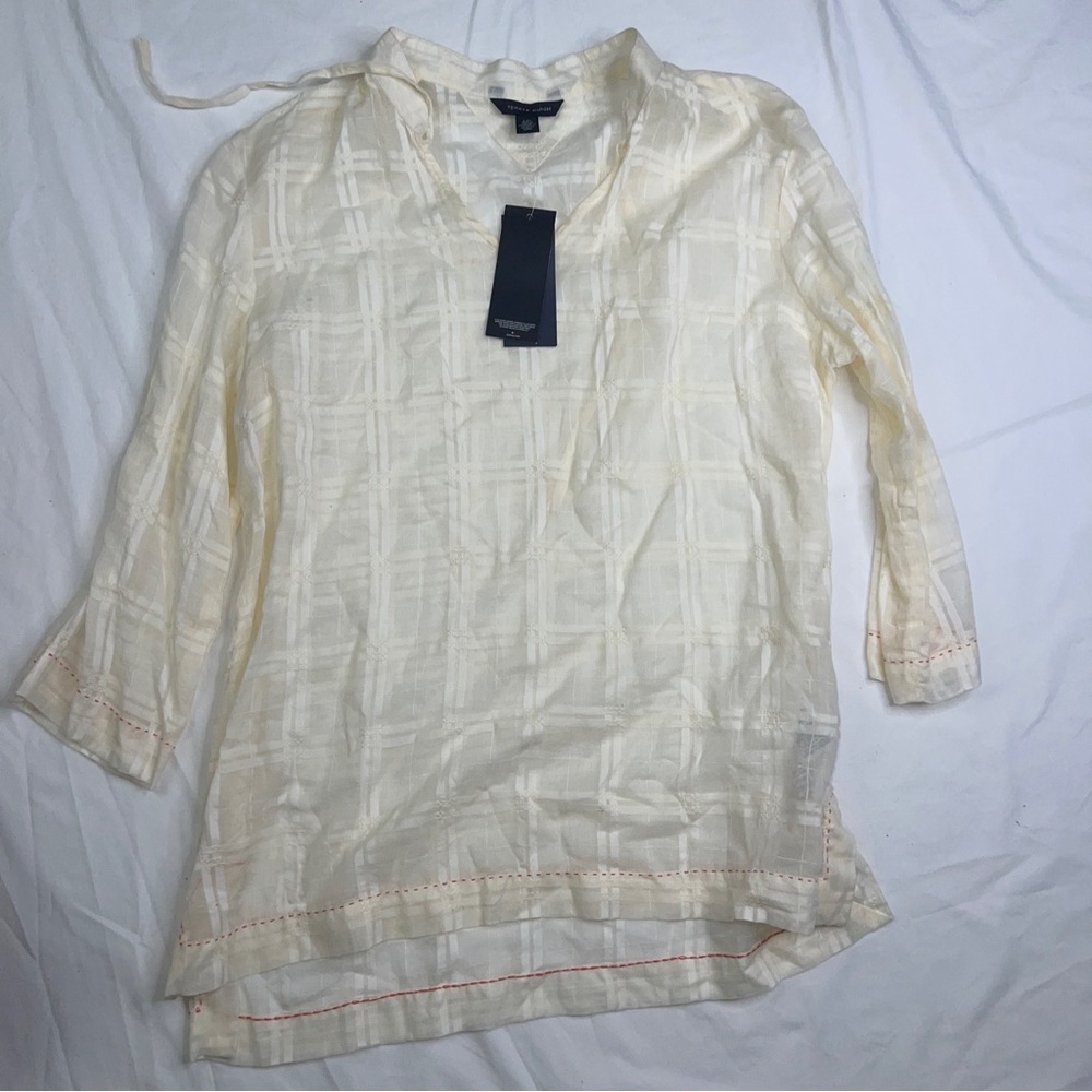 Tommy Hilfiger Womens 3/4 Sleeve Blouse Top sz L semi sheer summer beach A030523